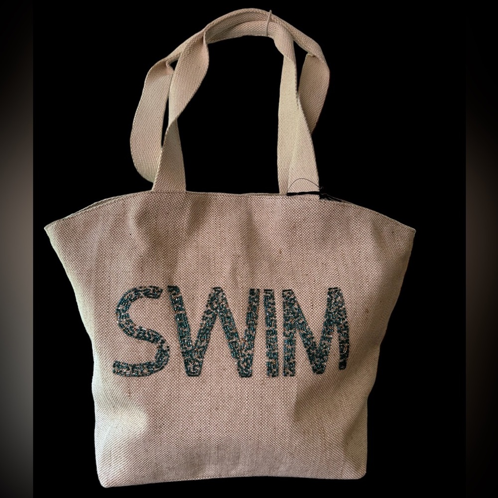 NWT large beach tote with decorative beaded “Swim” motif